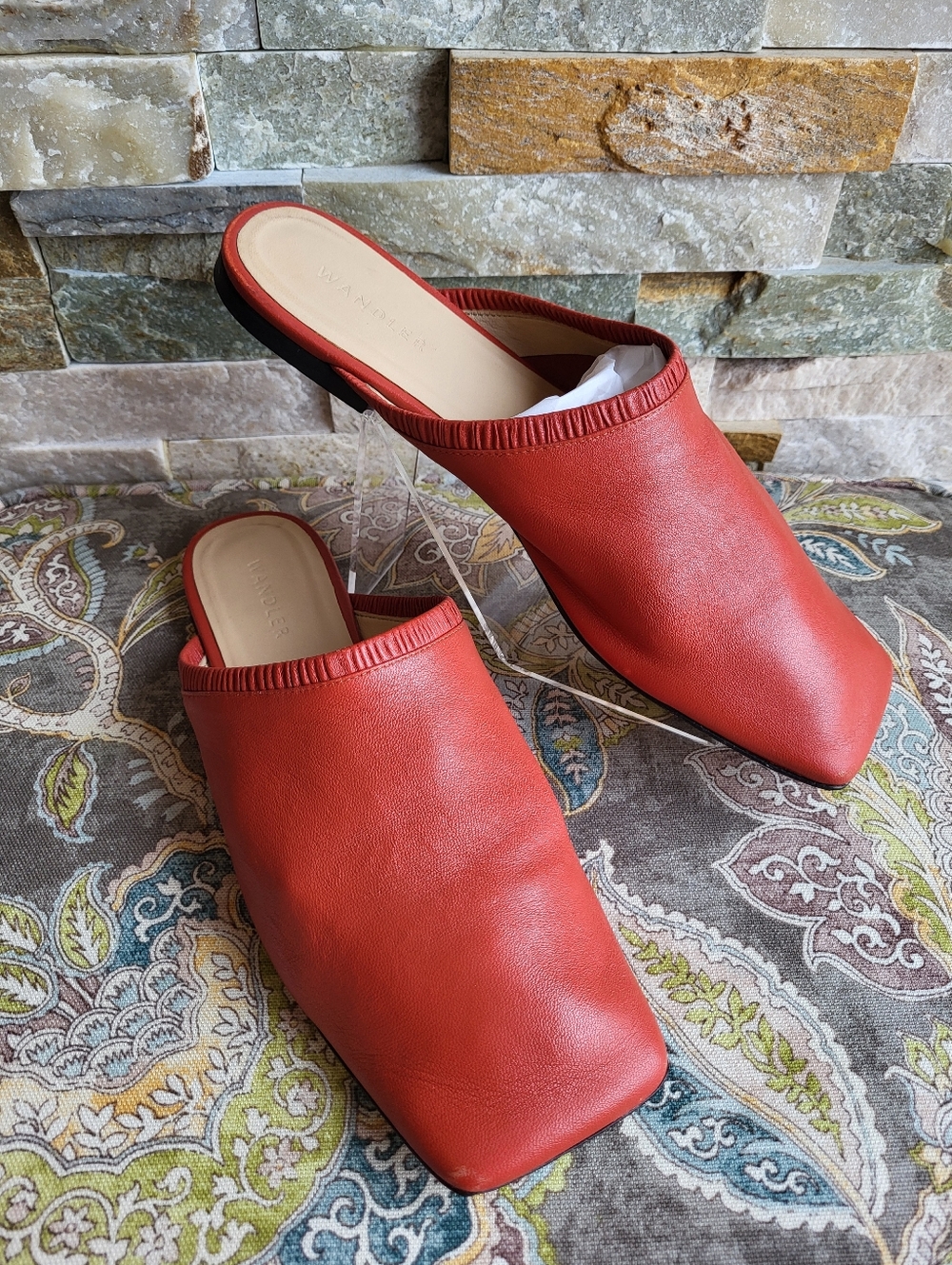 Wandler Lola Red Leather Square-Toe Lambskin Mules